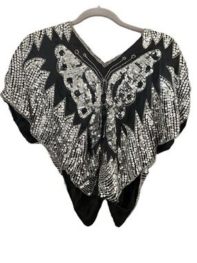 Vintage Butterfly Top Black Silver Silk Embellished Dolman Size Small - Medium